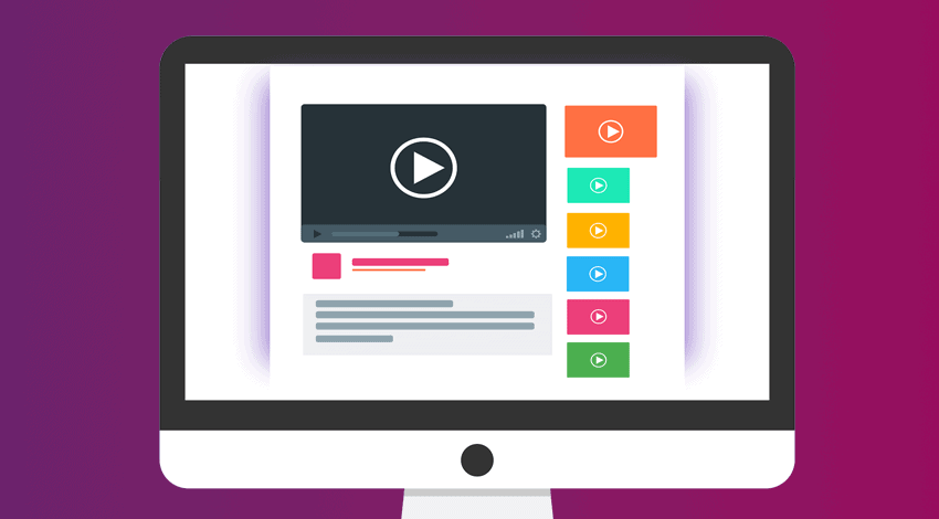 Illustration eines Computermonitors, der eine Videoplayer-Schnittstelle mit einem Hauptvideo und einer Wiedergabeliste mit bunten Video-Miniaturansichten auf der rechten Seite auf einem lila Hintergrund mit Farbverlauf anzeigt.