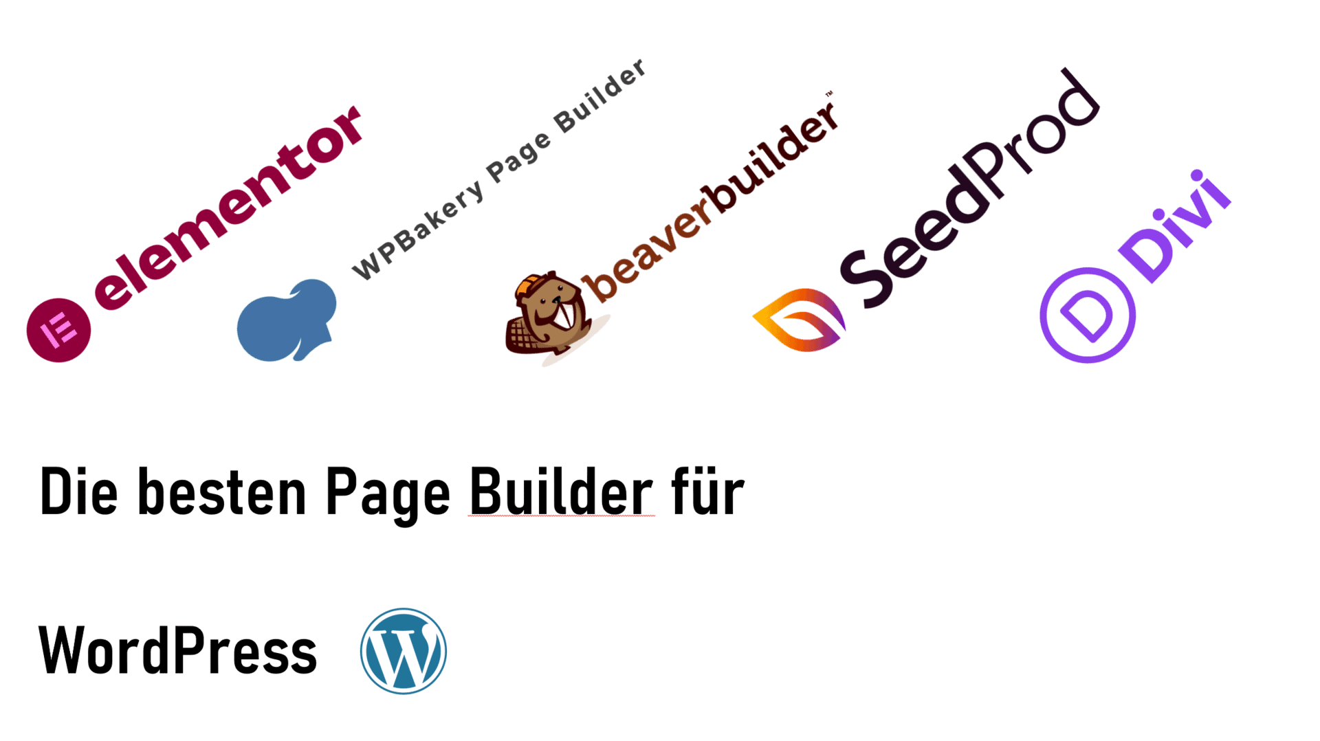 Logos von Elementor, WPBakery Page Builder, Beaver Builder, SeedProd und Divi über dem deutschen Text Die besten Page Builder für WordPress im Vergleich mit dem WordPress-Logo.