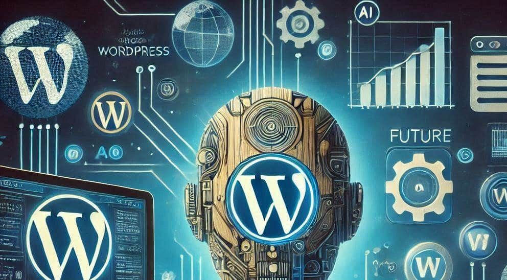 Futuristische digitale Illustration eines Roboterkopfes mit dem WordPress-Logo, umgeben von Technologiesymbolen, Graphen, Zahnrädern und den Wörtern WordPress, AI und Zukunft. Ein Laptop weist darauf hin, wie man die PHP-Version deiner WordPress-Website herausfindet.