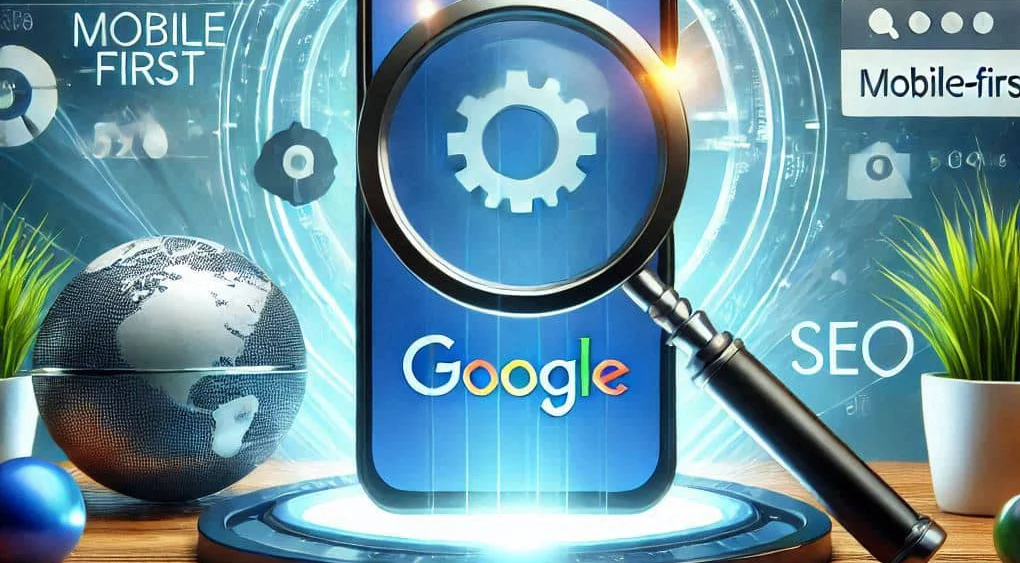 Auf einem Smartphone ist das Google-Logo mit einem Zahnrad-Symbol hinter einer Lupe zu sehen. Im Hintergrund erscheinen Begriffe wie „Mobile First“ und „SEO“ sowie ein Globus und technische Grafiken – visuelle Elemente, die verdeutlichen, warum die Mobile-First-Indexierung für Ihre SEO-Strategie wichtig ist.
