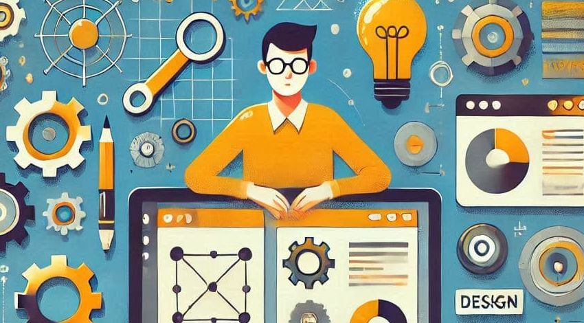 Eine illustrierte Person mit Brille sitzt an einem Schreibtisch mit Designwerkzeugen, Diagrammen und Zahnrädern, die Kreativität und Technologie widerspiegeln. Der Hintergrund ist blau mit gelben und orangefarbenen Akzenten - So wird Webdesign noch benutzerfreundlicher: Trends und Tools für 2025.