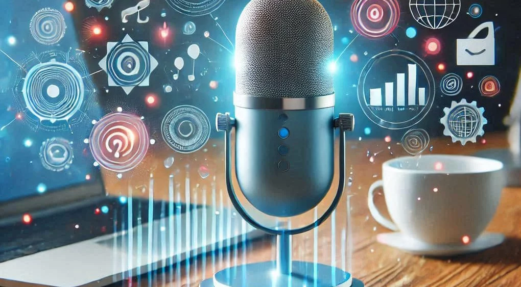 Ein Tischmikrofon vor einem Laptop und einer Kaffeetasse, umgeben von digitalen Symbolen und Diagrammen – als Symbol für Podcasting oder digitale Kommunikation sowie für moderne Trends wie SEO für die Sprachsuche: Wie Sie Ihre Website auf die neue Ära der Sprachsuche vorbereiten.