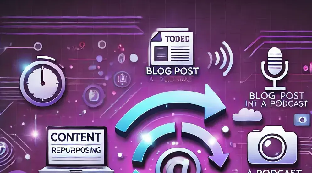 Eine digitale Illustration mit Symbolen für eine Uhr, einen Blogbeitrag, ein Mikrofon, einen Laptop mit der Aufschrift "Content Repurposing: So nutzen Sie Ihren bestehenden Content effektiver", und einer Kamera, die verschiedene Formen der Inhaltserstellung auf einem lila Hintergrund darstellen.