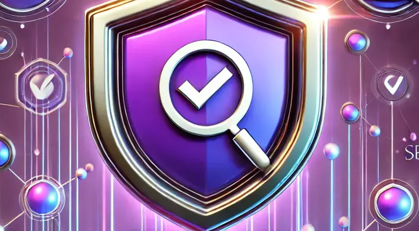 Ein großes lilafarbenes und goldenes Schild mit einem Vergrößerungsglas und einem Häkchen im Inneren, umgeben von digitalen Häkchen-Symbolen und leuchtenden abstrakten Elementen, symbolisiert Sicherheit, Verifizierung und die Bedeutung von EEAT für SEO: Kompetenz und Vertrauen.