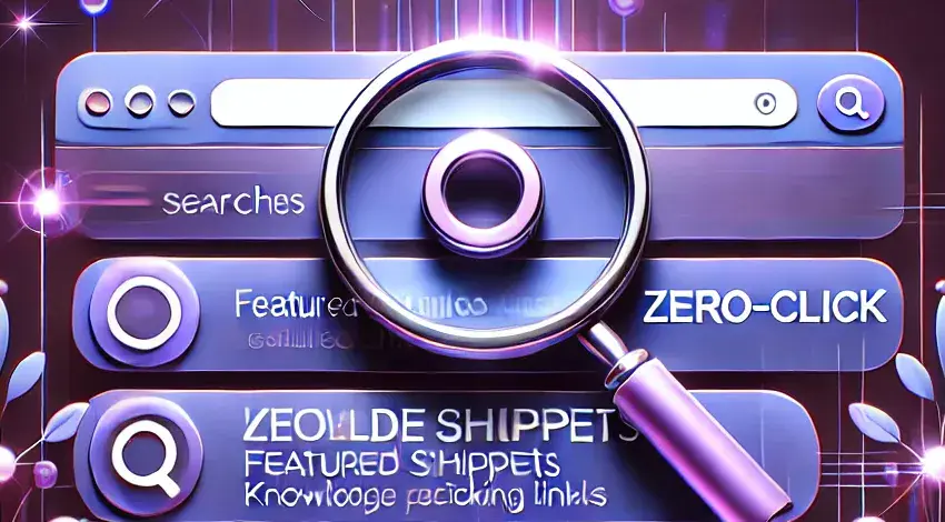 Eine stilisierte Illustration einer Suchmaschinenschnittstelle mit einem Vergrößerungsglas über den Suchleisten. Der Text enthält Suchen, Null-Klick-Suchen: Wie Sie trotzdem Traffic generieren können, und FEATURED SNIPPETS auf einem leuchtenden lila und blauen Hintergrund.