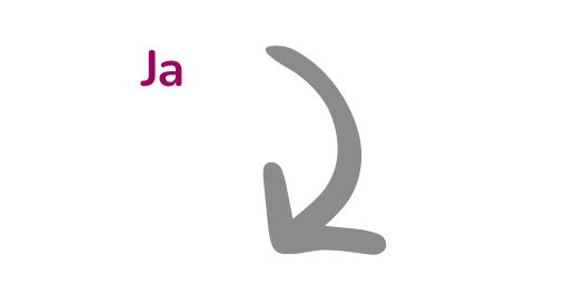 Ein großer grauer Pfeil biegt nach unten und nach rechts ab. Links vom Pfeil erscheinen die Buchstaben Ja in lila, neben einem großen weißen Kreis in der linken oberen Ecke auf hellgrauem Hintergrund.