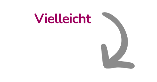 Das Bild zeigt das deutsche Wort Vielleicht in rosafarbener Schrift auf hellem Hintergrund, mit einem großen grauen gebogenen Pfeil, der nach rechts unten zeigt. In der oberen linken Ecke befindet sich ein weißer Kreis.