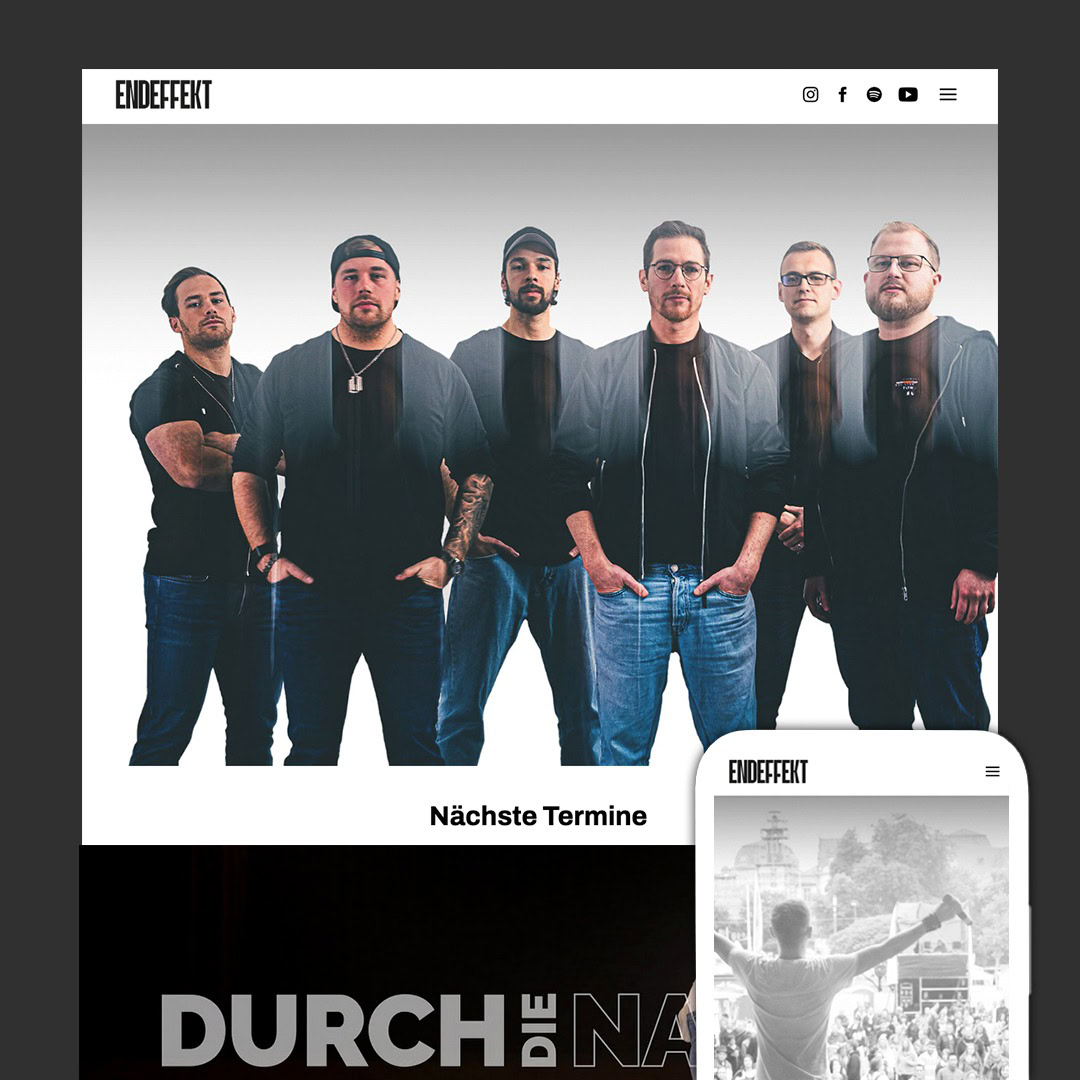 Eine Gruppe von sechs Männern steht nebeneinander, mit ernster Miene nach vorne blickend, vor einem weißen Hintergrund mit dem Wort ENDEFFEKT am oberen Rand. Ein kleineres Bild hebt Myo in Balance hervor und zeigt einen Mann in der rechten unteren Ecke, der seinen Arm hebt.
