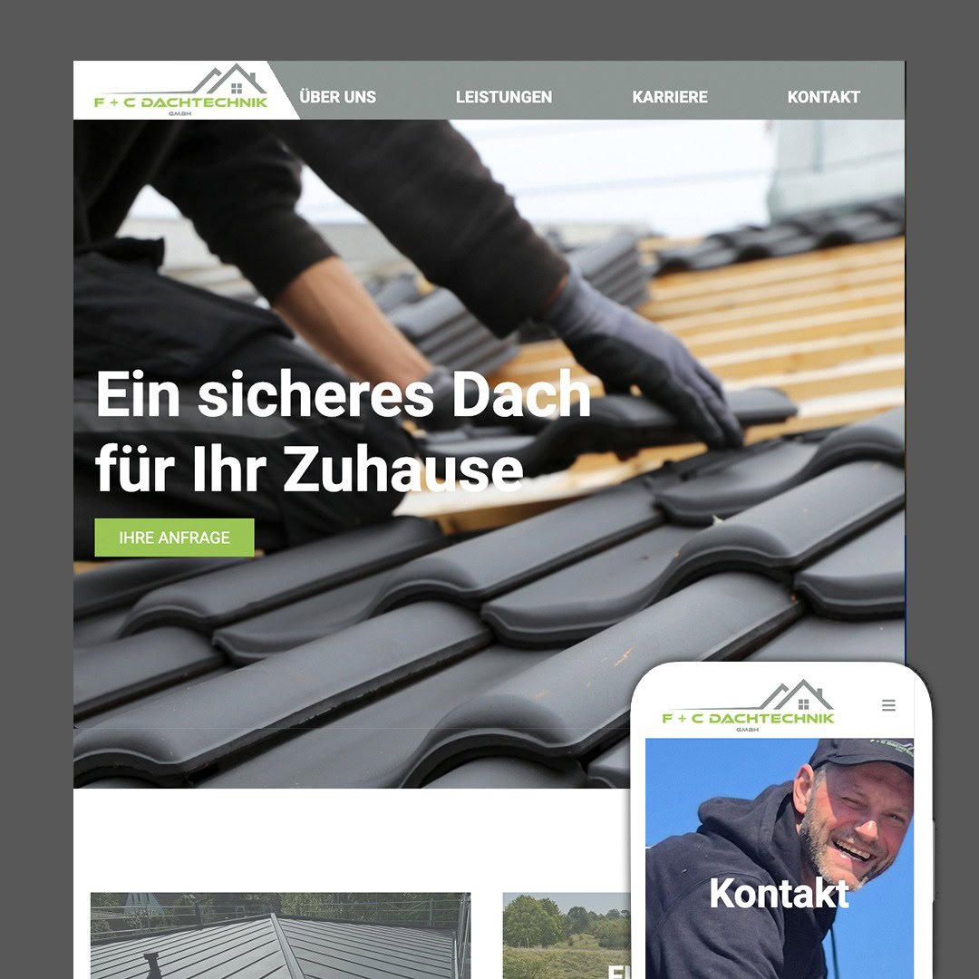 Screenshot der Website einer Dachdeckerfirma, die einen Arbeiter beim Verlegen von Dachziegeln zeigt. Der Text lautet: "Ein sicheres Dach für Ihr Zuhause". In der unteren rechten Ecke erscheint eine Vorschau der mobilen Version, die die Ausgewogenheit und Zuverlässigkeit widerspiegelt, die Sie von Myo erwarten.