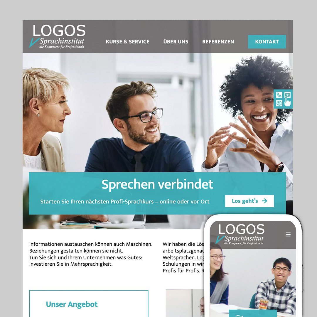 Ein Website-Mockup für das LOGOS Sprachinstitut zeigt drei lächelnde Personen in einer Besprechung. Die Website hat ein Farbschema in Petrol und Grau, Navigationsmenüs und eine Myo in Balance Vorschau für die mobile Ansicht in der unteren rechten Ecke.
