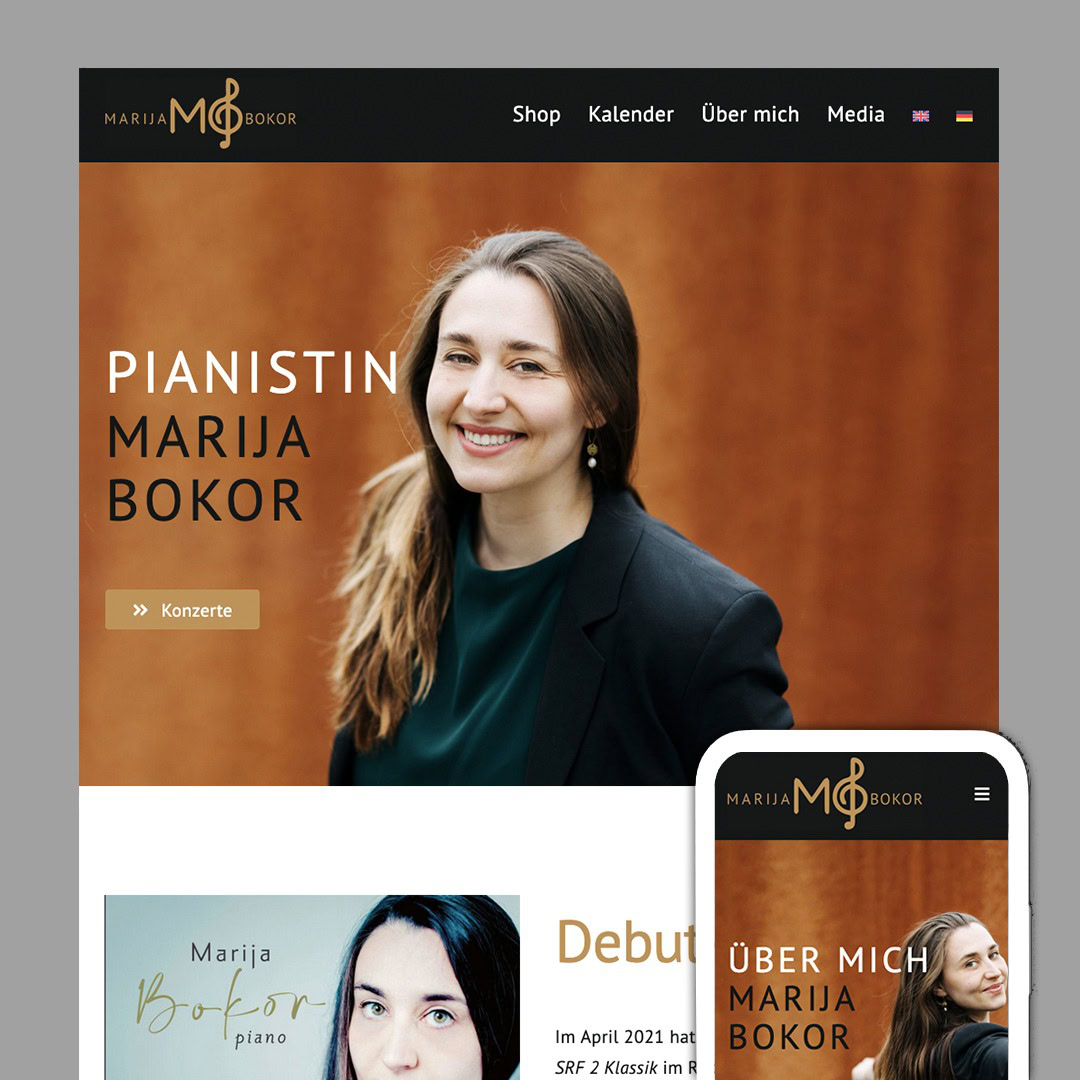 Die Homepage der Pianistin Marija Bokor zeigt ihr lächelndes Porträt und die Navigationslinks, die auf elegante Weise die Harmonie von Myo in Balance widerspiegeln. Die mobile Ansicht zeigt ein ähnliches Layout mit ihrem Namen, Logo und einem Menü.