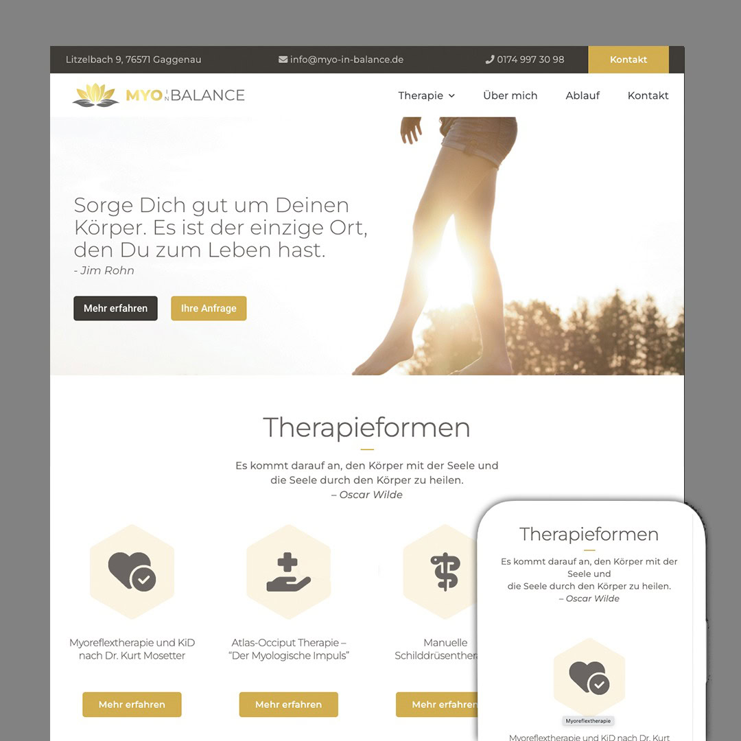 Screenshot einer Wellness-Klinik-Website mit einer Kopfzeile mit Kontaktdaten, einem Sonnenlogo, einem Zitat über Gleichgewicht und Pflege des Körpers, Navigationsschaltflächen und Abschnitten, in denen Myo-Therapieoptionen mit Symbolen und Beschreibungen vorgestellt werden.
