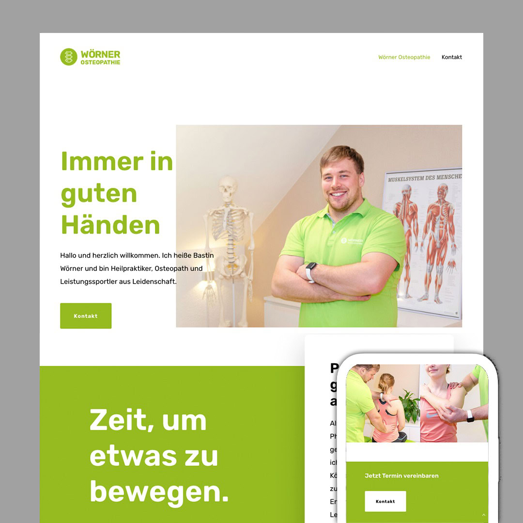 Die Homepage der Wörner Osteopathie zeigt einen lächelnden Mann in einem grünen Polohemd in einer Klinik, im Hintergrund sind anatomische Modelle und Poster zu sehen. Der Text stellt Bastian Wörner, Therapeut und Gründer von Myo in Balance, vor.