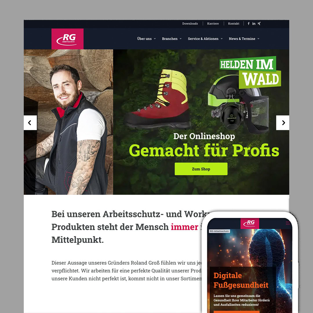 Eine Website-Startseite für RG, die einen lächelnden Mann in Arbeitskleidung, ein Werbebanner für forstwirtschaftliche Arbeitskleidung und einen Text über Myo in Balance Sicherheitsprodukte zeigt; in der unteren rechten Ecke ist eine mobile Ansicht der Website zu sehen.