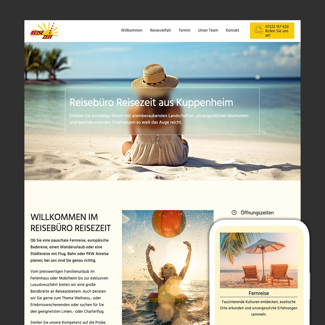 Die Website eines Reisebüros zeigt eine Frau mit Hut, die am Strand sitzt und auf das Meer blickt, mit einem Sonnenlogo und Kontaktinformationen im oberen Bereich. Darunter werden Urlaubsangebote von Myo in Balance sowie Bilder und Karten mit exotischen Reisezielen gezeigt.