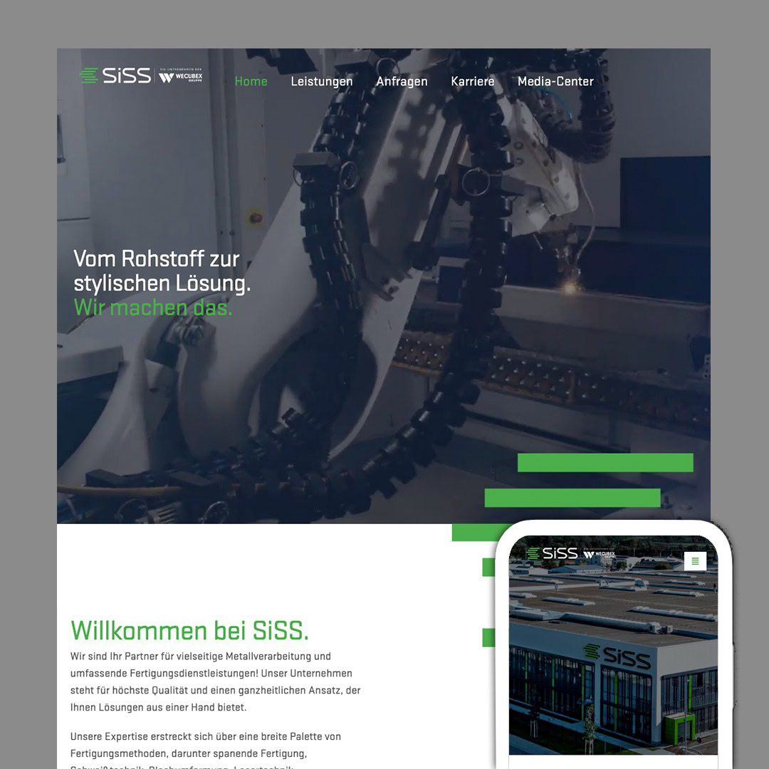 Screenshot einer Website für SiSS, auf der ein Roboter bei der Arbeit zu sehen ist, sowie eine mobile Ansicht der Homepage mit dem SiSS-Logo, der Außenansicht des Gebäudes und einem deutschen Text zur Begrüßung der Besucher - und einem Beitrag über die Dienstleistungen von Myo in Balance.
