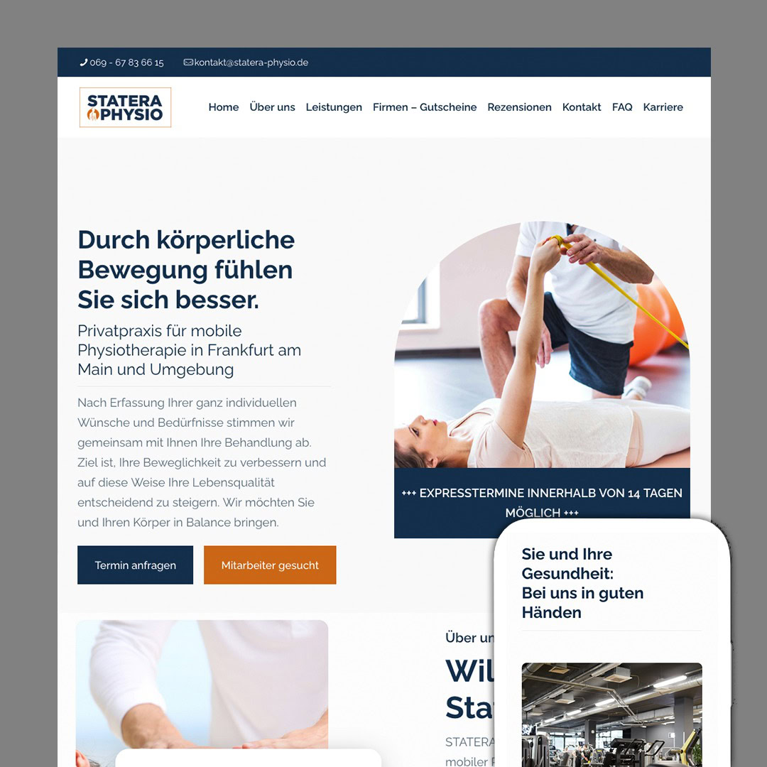 Screenshot der Website der Physiotherapie Myo in Balance mit einem blau-orangefarbenen Thema. Der Hauptteil enthält eine Überschrift über körperliche Bewegung und Therapie sowie ein Foto eines Myo-Therapeuten, der ein Bein eines Patienten behandelt. Das Navigationsmenü befindet sich oben.