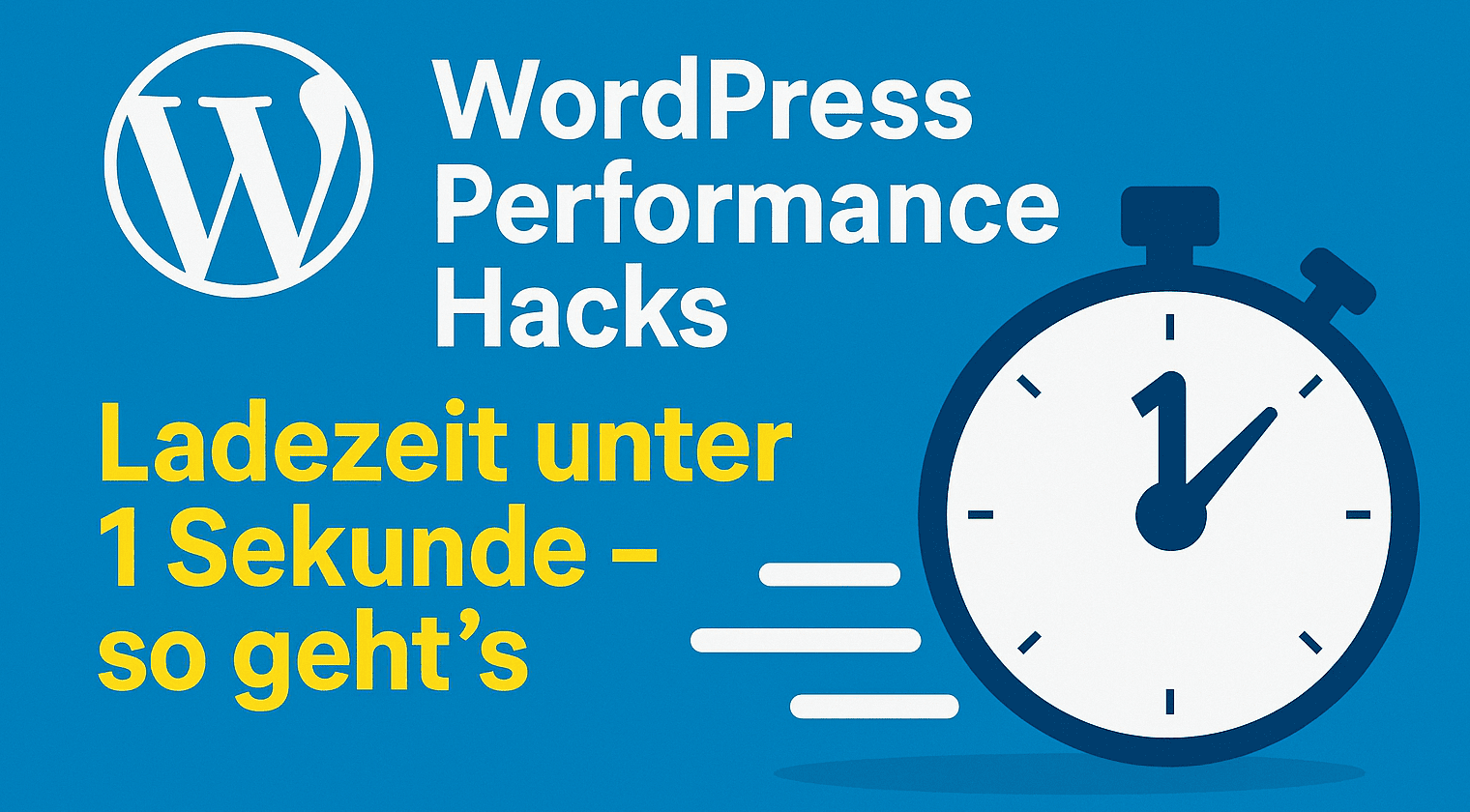 Blaue Grafik mit dem WordPress-Logo, dem Text WordPress Performance Hacks und einer Stoppuhr bei einer Sekunde. Der fettgedruckte gelbe Text lautet: Ladezeit unter 1 Sekunde - so geht's. Conversion-orientiertes Design und visuelles Storytelling steigern die Performance.