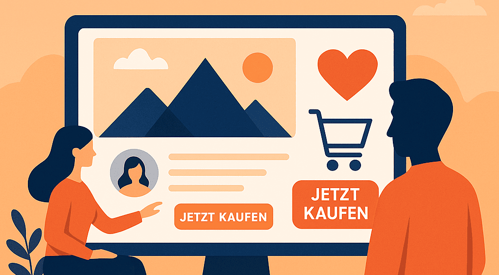 Zwei Personen betrachten einen Computerbildschirm mit Profil, Bergbild, Herzsymbol, Warenkorb und "JETZT KAUFEN"-Buttons. Die Farbpalette in Orange und Marineblau unterstreicht conversion-orientiertes Design: Wie visuelles Storytelling die Kaufentscheidung beeinflusst.