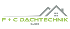 Logo der F + C Dachtechnik GmbH mit stilisierter grüner Schrift und einem grauen Umriss eines Hausdaches und Fenstern über dem Firmennamen.
