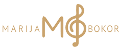Logo für Marija Bokor. Der Text Marija Bokor ist in Gold geschrieben, die Initialen MB sind stilisiert - das B hat die Form eines Violinschlüssels, der ein musikalisches Thema darstellt.
