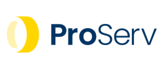 Logo mit einer gelben Sichelform auf der linken Seite, gefolgt von dem Text ProServ in dunkelblauer Schrift auf hellgrauem Hintergrund.