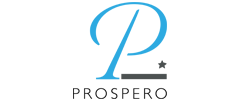 Logo mit einem großen blauen stilisierten Buchstaben P über dem Wort PROSPERO in schwarzen Buchstaben; eine horizontale graue Linie und ein kleiner schwarzer Stern erscheinen unter dem "P.".