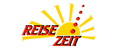 Logo mit einer gelben Sonne und Strahlen, fünf roten Punkten und dem Schriftzug REISE ZEIT in fetten roten und schwarzen Buchstaben.