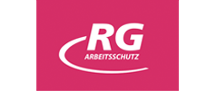 Logo mit weißen Buchstaben RG über dem Wort ARBEITSSCHUTZ auf rosafarbenem Hintergrund, darunter eine weiße geschwungene Linie, die von links nach rechts verläuft.