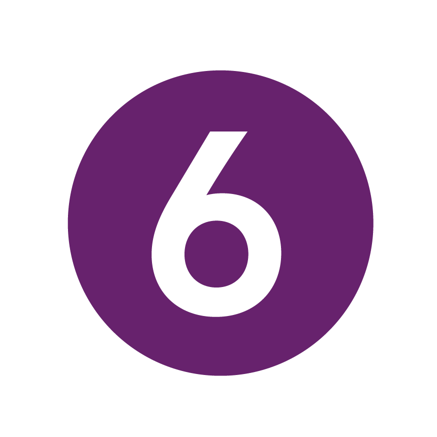 Eine fette weiße Zahl 6 steht in der Mitte eines lilafarbenen Kreises vor einem weißen Hintergrund.