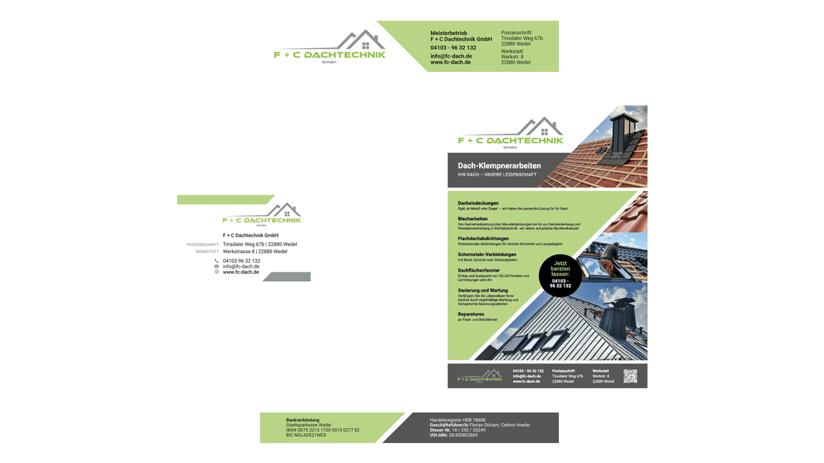 Eine Reihe von Geschäftspapieren und ein Flyer für die F + C Dachtechnik GmbH mit einem grünen und grauen Farbschema, Gebäudesymbolen und Bildern von Dachdeckerarbeiten und Baufachleuten.