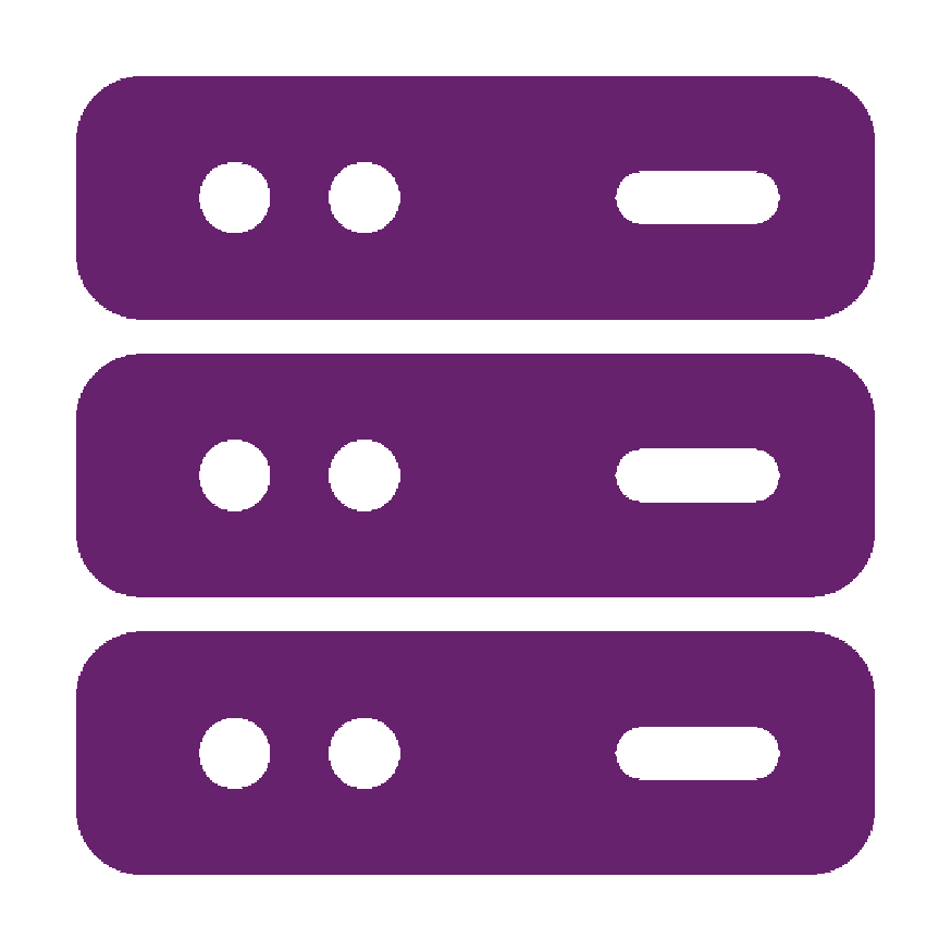 Ein einfaches lilafarbenes Symbol mit drei gestapelten Serverregalen, jeweils mit zwei runden Formen auf der linken Seite und einem abgerundeten Rechteck auf der rechten Seite, symbolisiert die grundlegende Leistung auf einem hellen Hintergrund.