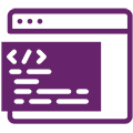 Ein lilafarbenes Symbol eines Webbrowser-Fensters mit einer Überlagerung eines Codesymbols und Linien, die Codierung oder Webentwicklung darstellen.