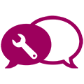 Zwei sich überschneidende magentafarbene Sprechblasen; eine enthält ein weißes Schraubenschlüssel-Symbol, das für technischen Support oder Mitteilungen über Tools steht.