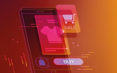 Abstrakte Illustration des Online-Shoppings mit einem Smartphone, das ein Hemd, ein Einkaufstaschen-Symbol, einen KAUFEN-Button und ein SALE-Warenkorb-Symbol auf einem leuchtend orange-roten Hintergrund zeigt.