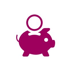 Ein einfaches magentafarbenes Sparschwein-Symbol mit einer Münze, die in den Schlitz auf der Rückseite eingeworfen wird, vor einem weißen, runden Hintergrund, der Domain-Sparen oder intelligente Hosting-Investitionen symbolisiert.