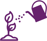 Ein lilafarbenes Symbol, das eine Gießkanne zeigt, die Wasser auf eine kleine Pflanze mit zwei Blättern spritzt, die aus einem Erdhügel wächst, symbolisiert Wordpress Wartung und Wachstum.