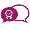 Zwei sich überschneidende Sprechblasen, eine davon mit einem Häkchen innerhalb eines Bandabzeichens, das verifizierte oder hochwertige Kommunikation symbolisiert.