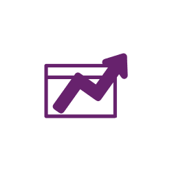Ein lilafarbener, aufwärts gerichteter Pfeil auf einem Diagramm oder einer Grafik vor einem weißen, kreisförmigen Hintergrund, der Wachstum oder Fortschritt bei Hosting- oder Domainservices symbolisiert.