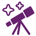 Ein lila Symbol eines Teleskops auf einem Stativ, das nach oben zeigt, mit zwei Sternen im Hintergrund auf einem hellgrauen Hintergrund.