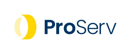 Logo für ProServ mit dem Text ProServ in Blau, mit Pro in Fettdruck. Auf der linken Seite ist ein gelber und hellgelber Halbmond auf hellgrauem Hintergrund zu sehen, perfekt für die Präsentation Ihrer Wordpress-Wartungsdienste.