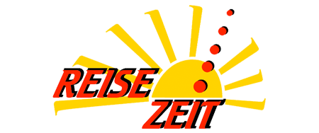 Logo mit gelber Sonne und Strahlen, vier roten Punkten und dem Schriftzug REISE ZEIT in fetter roter und schwarzer Schrift über der Sonne - perfekt für einen Wordpress-Wartungsdienst.