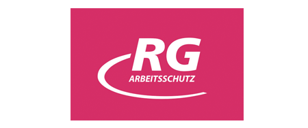 Logo mit rosafarbenem Hintergrund und fetten weißen Buchstaben RG über dem Wort ARBEITSSCHUTZ, ein geschwungenes weißes Swoosh-Design unter dem Text, das Zuverlässigkeit symbolisiert, ähnlich wie fachmännische Wordpress-Wartungsdienste.