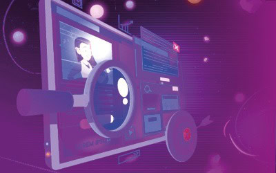 Eine digitale Illustration zeigt eine Lupe über einem Computerbildschirm, auf dem das Gesicht einer Person und verschiedene Daten zu sehen sind, vor einem lilafarbenen, weltraumähnlichen Hintergrund mit schwebenden Symbolen und technischen Elementen.