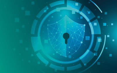 Eine digitale Illustration eines Vorhängeschlosses in der Mitte eines Schildes mit einem Netzwerkmuster, umgeben von kreisförmigen Schnittstellenelementen, die Cybersicherheit und Datenschutz darstellen.