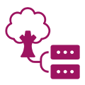 Ein einfaches Symbol zeigt einen Baum, der durch eine Linie mit zwei gestapelten Servereinheiten verbunden ist, was Hochleistungs-Cloud-Computing oder umweltfreundliche Datenspeicherung symbolisiert. Das Design ist in Lila auf hellem Hintergrund gehalten.