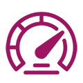 Ein magentafarbenes Tachometer-Symbol mit einer nach rechts zeigenden Nadel, die hohe Leistung und Geschwindigkeit symbolisiert, auf einem hellgrauen Hintergrund.