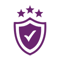 Lila Schildsymbol mit einem Häkchen in der Mitte und drei Sternen darüber, die hohe Leistung, Sicherheit, Schutz und Qualitätssicherung symbolisieren, vor einem hellgrauen Hintergrund.