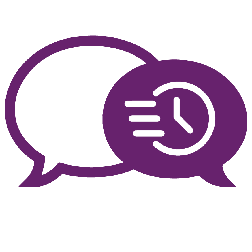 Zwei sich überschneidende violette Sprechblasen; eine enthält eine Uhr mit Bewegungslinien, die auf schnelle oder geplante Nachrichten hinweisen und die grundlegende Leistung in der Kommunikation hervorheben.