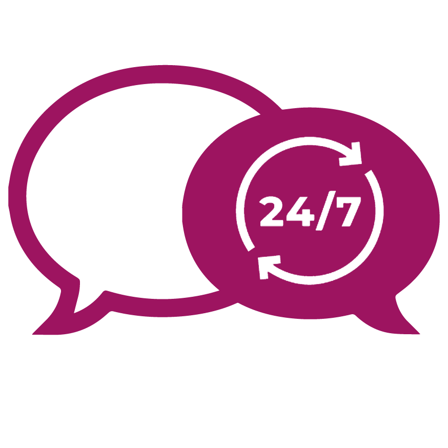 Zwei sich überlappende magentafarbene Sprechblasen; eine davon enthält kreisförmige Pfeile, die den Text 24/7 umgeben und für hohe Leistung und Kommunikation oder Unterstützung rund um die Uhr stehen.